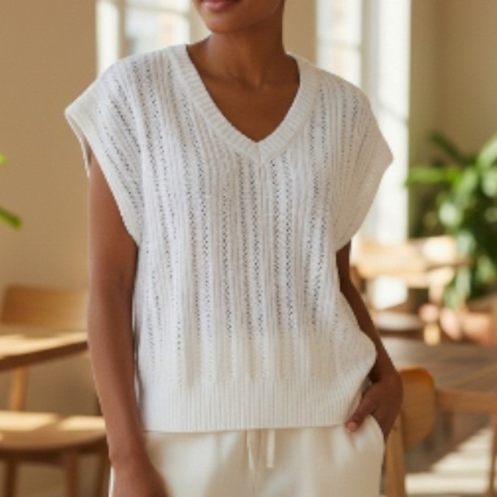 XS Oversized Open Knit Tank Top V-Neck Sleeveless Ribbed Layering Sweater Vest